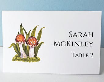 Mushroom escort or place cards, Woodland Wedding or Nature Themed Event, Folded or Flat, Personalized, Unique cards