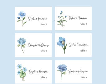 Blue Floral Place Cards, Wedding Reception Guest Name Cards, Tented Cards, Personalized place cards. Flower Escort Cards
