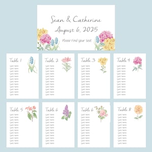 May include: A collection of wedding stationery featuring a central sign with the names "Sean & Catherine" and the date "August 6, 2025." Individual table cards are arranged below, each with floral illustrations and space for guest names.