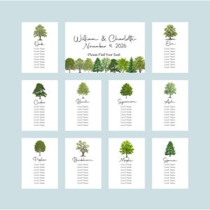 May include: A wedding seating chart template featuring a header with the text William & Charlotte November 4, 2026 Please Find Your Seat, followed by ten individual cards each displaying a unique tree illustration and a specific tree name.