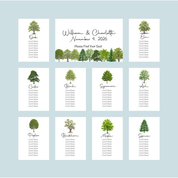 Green Tree Seating Cards, Table Assignment Charts, Seating Information, Guest Seating Charts Tree Seating Chart, Woodland Seating Card