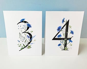 Wildflower Table Numbers, Blue Floral Wedding, Event Table Cards
