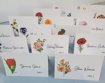 Flower place cards with table numbers,  Wedding or Special Event, Folded or Flat, Personalized with Table Number and Flower Illustration