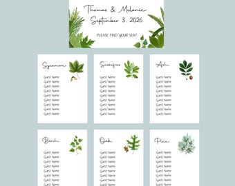 Woodland Seating Cards, Table Seating Leaf Cards, Seating Chart, Reception Info., Guest List Seating chart,  Woodland Seating Cards