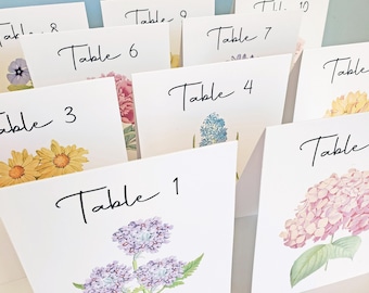 PASTEL Flower Table NUMBERS, Floral Wedding Cards, Botanical Assortment, Assorted Flower Cards for Wedding,  Special Event Numbers. Seating