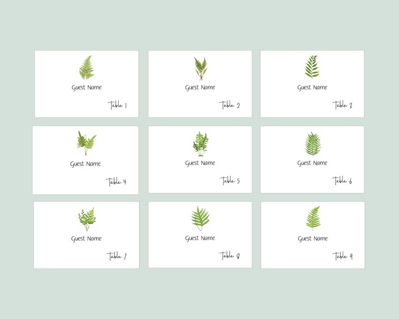 Fern place cards, Wedding Escort Cards, Seating Information, Fern Cards, Woodland Greenery Cards, Personalized Seating image 2