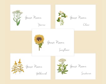 Wildflower Escort cards, Wedding Place Cards, Multiple Illustrations, Folded or Flat Cards, Personalized, Yarrow, Clover, Sunflower