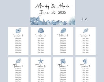 Blue or Aqua Shell Seating Cards, Beach Wedding, Guest Seating, Surf and Turf Wedding, Tropical Table Numbers, Place card, escort card