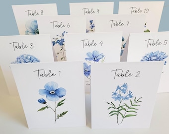 Blue Flower Table Numbers, choose your flowers, choice of tented cards or flat cards, Wedding or special event table numbers,
