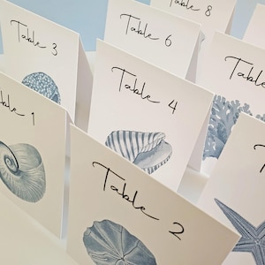 May include: White table cards with watercolor illustrations of seashells and coral. Each card is labeled with the word "Table" followed by a number in elegant script. The cards are arranged at an angle.
