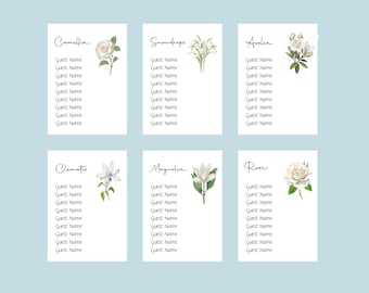 White Flower Seating Cards, Guest Seating Cards, Reception Seating Chart, Floral Seating Cards
