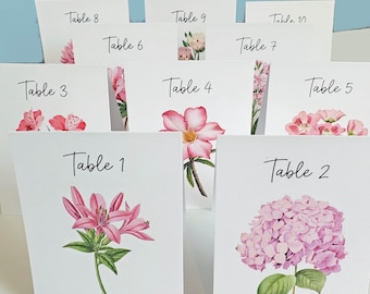 All Pink Flower Table Number Cards, Use for Wedding or Pink Themed Event, Sold on a per card basis, Tented or Flat Cards, Choice of 5 fonts