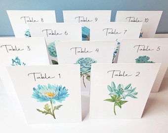 Table Numbers with AQUA Flowers, Floral Table Cards, Tented or Flat Cards, Aqua Wedding Table Numbers, Aqua Teal Theme, Blue Green Flowers
