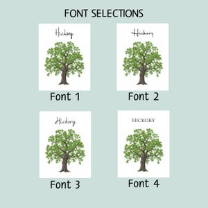 May include: A grid of four white rectangular cards, each displaying a green tree illustration and the word Hickory in a different typeface. The cards are labeled Font 1, Font 2, Font 3, and Font 4. The title FONT SELECTIONS appears at the top.