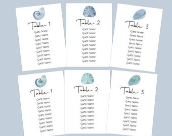 Blue or Aqua Shell Seating Cards, Beach Wedding, Guest Seating, Surf and Turf Wedding, Tropical Table Numbers, Place card, escort card