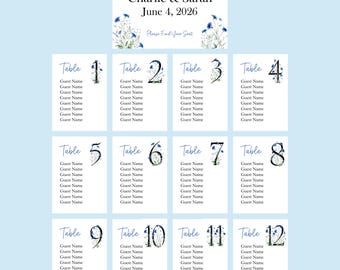 Personalized Blue Wildflower Seating Cards, Wedding Guest Names, 5x7 Floral Cards