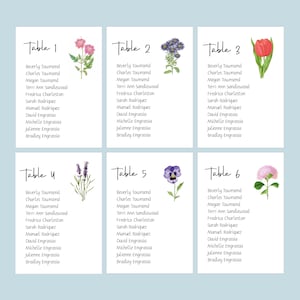 May include: Six wedding table cards with floral illustrations. Each card features a different flower: pink, purple, red, lavender, purple, and pink. The cards are arranged on a light blue background, with guest names listed below the table number.
