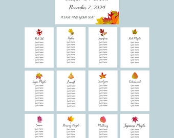 Autumn Leaf Seating Cards, Fall Leaf Seating Charts, Wedding Place card, Escort Card,  Guest Seating Assignment