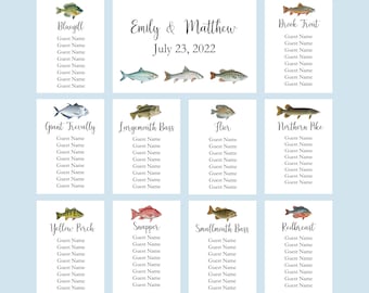 Fish Seating Charts, Fishing Seating Cards, Fish Seating Charts, Seating Assignment Cards, Freshwater Fish Theme Wedding Table Seating,