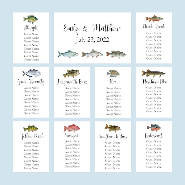 Fish Seating Charts, Fishing Seating Cards, Fish Seating Charts, Seating Assignment Cards, Freshwater Fish Theme Wedding Table Seating,
