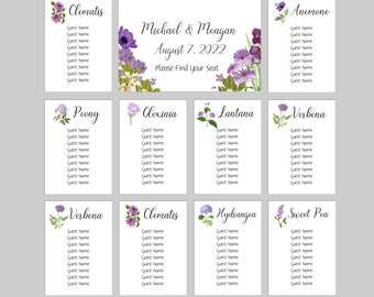 Flower Seating Cards, Purple, Lavender, Lilac, Violet, Shades of Purple Seating Cards, Flower Table Seating