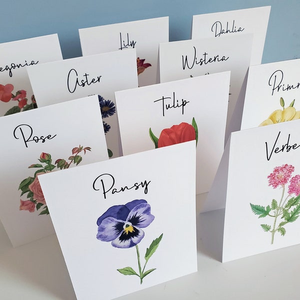 Wedding Table Cards, Flower Table Cards, Botanical Table Cards, Assorted Flower Cards for Wedding or Special Evente Numbers. Markers