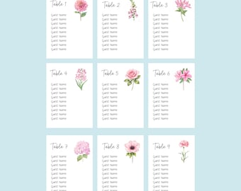 Pink Floral Seating Cards, Wedding Reception, Guest Name Cards, 5x7 White Cardstock, Guest Names