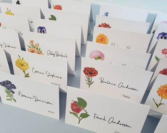 Flower place cards with flower names, Wedding Place cards, Escort Cards, Multiple Illustrations, Folded or Flat Cards, Personalized Cards