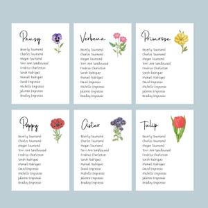 Seating Cards with Flower NAMES, Table Seating Assignment Cards, Guest Seating Cards, Reception Seating, Wedding Seating Chart