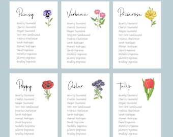 Seating Cards with Flower NAMES, Table Seating Assignment Cards, Guest Seating Cards, Reception Seating, Wedding Seating Chart