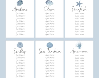 Shell Name Seating Cards, Table Seating Cards, Clam, Starfish, Anemone Cards, Guest Cards. Shell Theme Wedding,