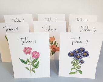 Flower Table Numbers, Wedding Table Cards, Botanical Table Cards, Assorted Flower Cards for Wedding or Special Evente Numbers. Markers
