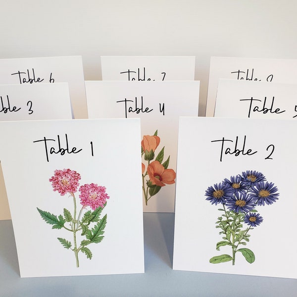 Flower Table Numbers, Wedding Table Cards, Botanical Table Cards, Assorted Flower Cards for Wedding or Special Evente Numbers. Markers