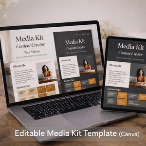 以下が含まれることがあります： 「Media Kit Content Creator」のテキストが表示されたメディアキットテンプレートが、ラップトップとタブレットに表示されています。「About Me」と「Content Type」のセクションが含まれています。「Editable Media Kit Template (Canva)」というフレーズが一番下にあります。
