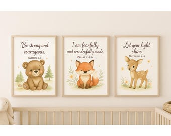 Christian Nursery Art Prints, Woodland Animals & Bible Verses (Set of 3) (Digital Download)