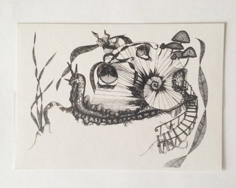Screen Print // Snail // Animal illustration // Silk screen // Postcard // Black and White // A6 // hand printed