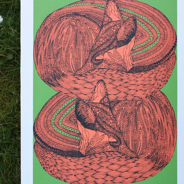 Foxes Screen print // Animal art // Sleeping foxes // decorative art // hand printed // NOW 25% OFF