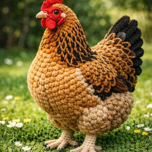 May include: A handcrafted crochet chicken with a detailed design. The chicken features a brown, tan, and black color scheme, with a red comb and wattle. It is standing on green grass with small white flowers.