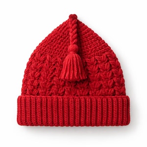 May include: A vibrant red knit hat with a textured pattern and a ribbed brim. The hat features a braided detail and a tassel at the top. This winter hat is a cozy accessory.