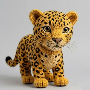 May include: A handcrafted crochet leopard cub in shades of yellow and black. The plush toy features a detailed spotted pattern, large expressive eyes, and a small gold heart pendant. The leopard is standing on all fours, showcasing its paws and tail.