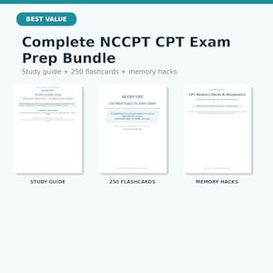 May include: A digital product bundle titled Complete NCCPT CPT Exam Prep Bundle, featuring a study guide, 250 printable flashcards, and memory hacks. The white documents display dark text and headers, including Study Guide 2026 and Memory Hacks.