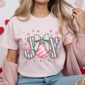 Pink Joy Christmas Shirt, Preppy Holiday Chenille Patch Tee, Cute Coquette Bauble Bow Tshirt, Retro Festive Graphic, Holiday Lover Gift