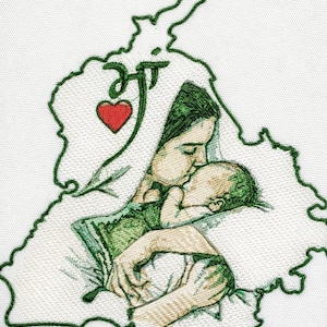 Puede incluir: Imagen bordada de una madre besando a un bebé, dentro de un contorno verde de una región geográfica. La imagen incluye la palabra "Maa" y un corazón rojo.