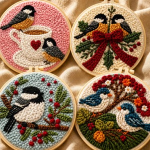 Bird Punch Needle Kit, Chickadee Pattern, Beginner Rug Hooking Craft Project