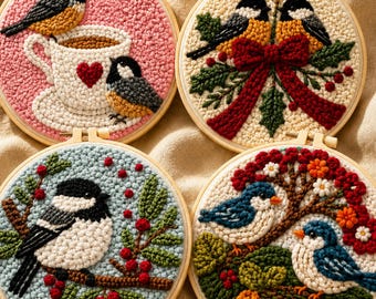 Punchnaaldpakket met vogelmotief, koolmeespatroon, handwerkproject voor beginners