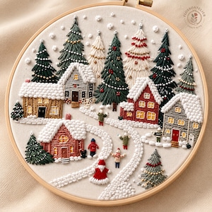 May include: A circular embroidery hoop featuring a winter village scene with snow-covered houses, evergreen trees, and small figures in a snowy landscape. The design includes detailed stitching of red, grey, and tan buildings with yellow windows.