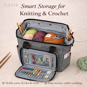 May include: Gray knitting and crochet storage bag with multiple compartments. The bag is open, revealing colorful yarn, knitting needles, crochet hooks, and other tools. Text on the bag reads "Smart Storage for Knitting & Crochet".