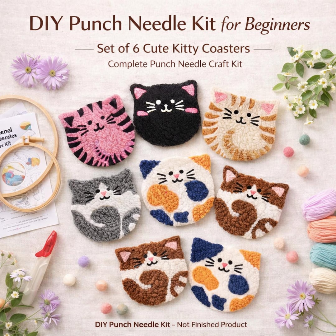 Cat Punch Needle Coaster Kit – Set of 6 Beginner DIY Craft Supplies - Etsy