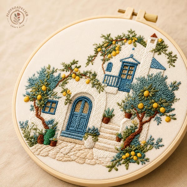 Mediterranean cottage Embroidery Kit — Beginner Lemon Tree Hoop Art, Fabric Included