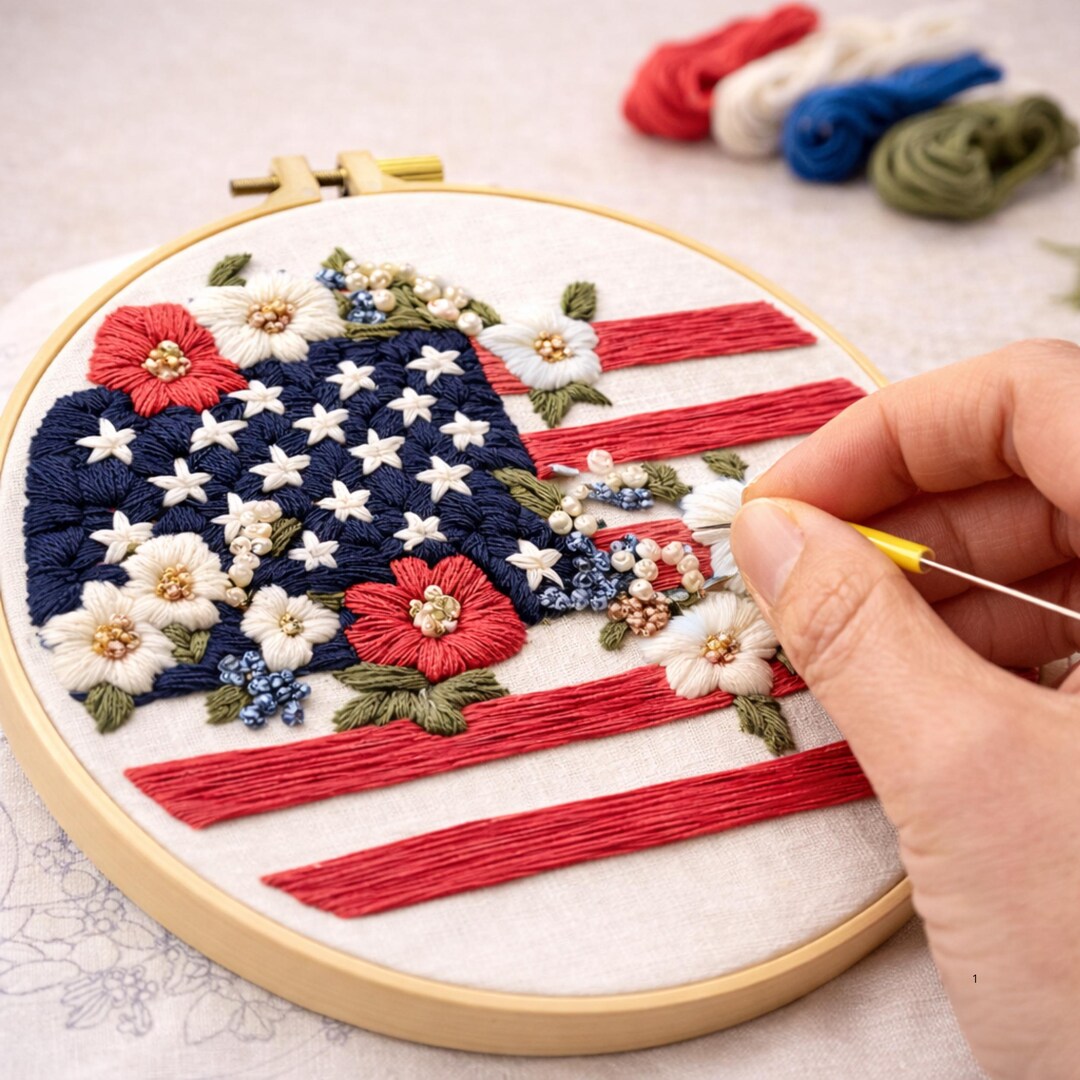 Independence Day Embroidery Kit — Patriotic Flag Hoop Art, Threads ...